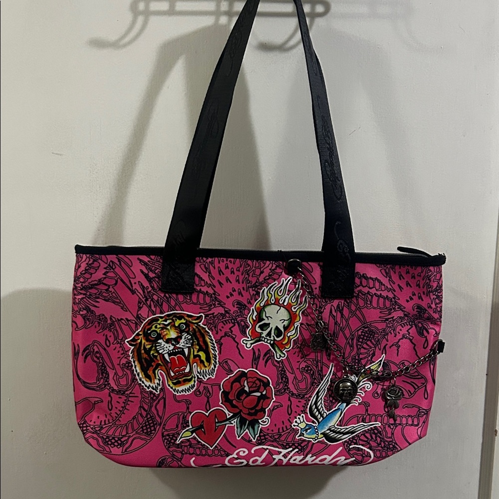 New Ed Hardy Pink and Black Graphic Tote